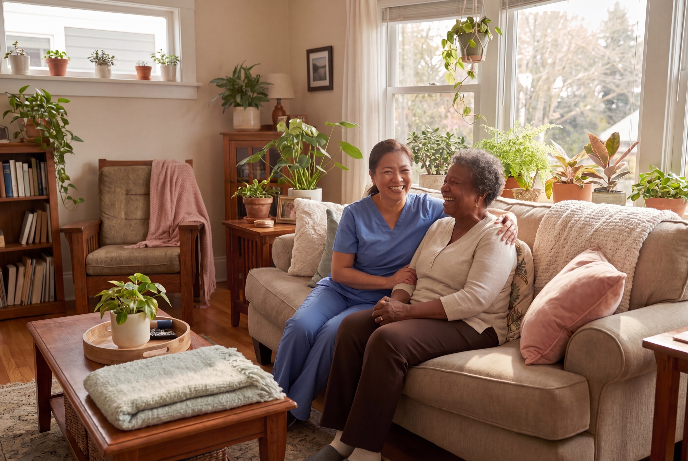 A care coordinator and an elderly client sitting together on a couch in a sunlit living room, both laughing.