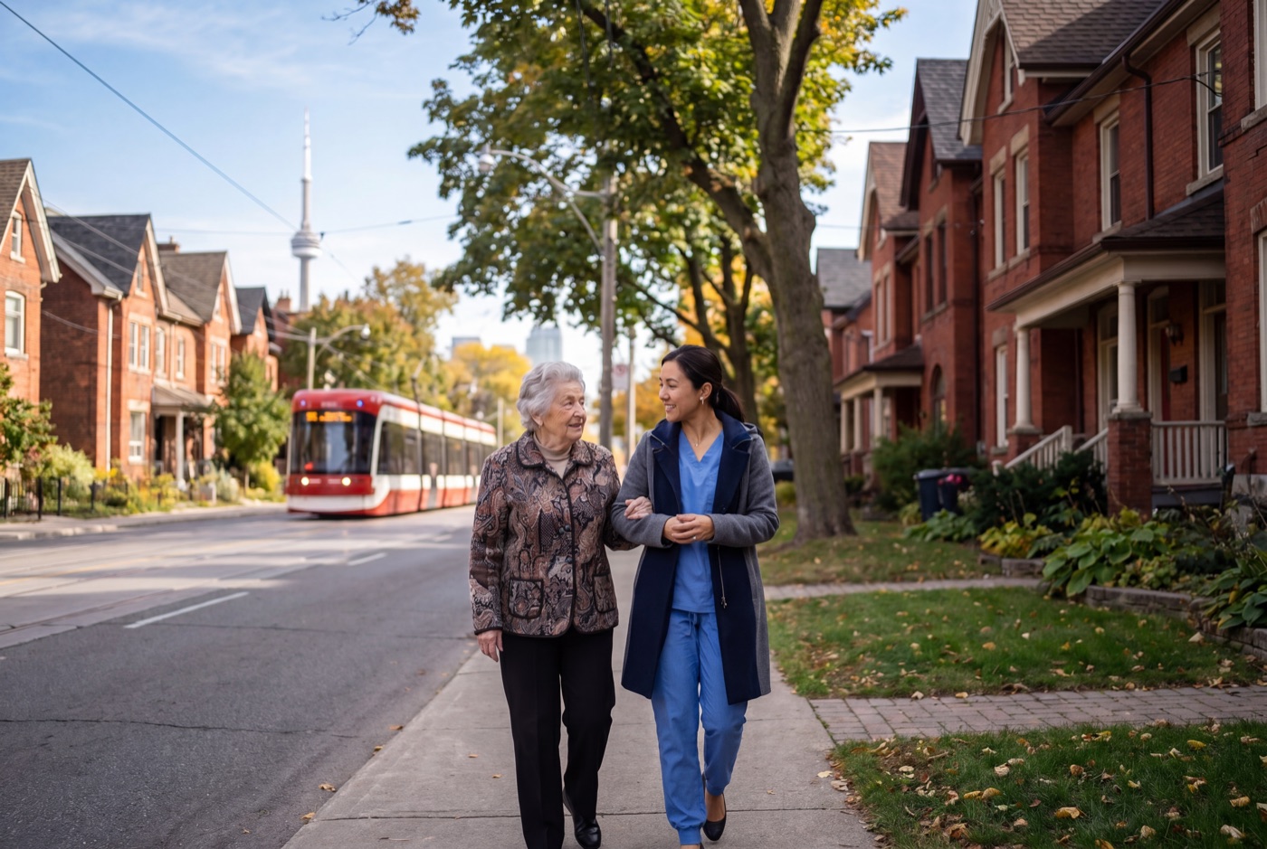 A care coordinator walking with an elderly client through a Toronto neighbourhood, CN Tower visible in the distance.